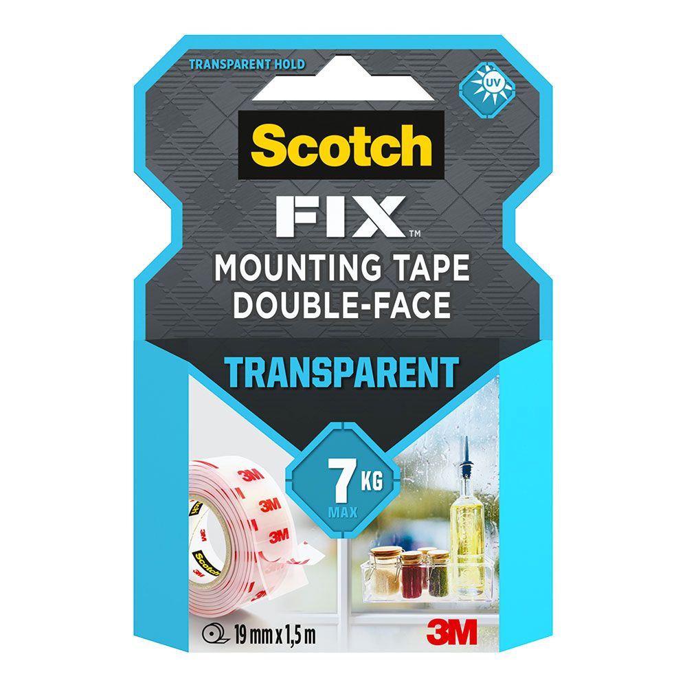 Fita de montagem dupla face, transparente, máx 7 kg, 19 mm x 1,5 m