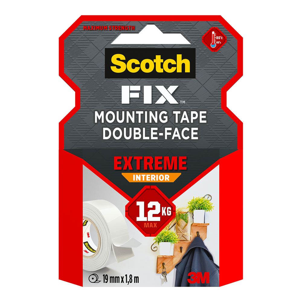 Fita dupla face de montagem extrema para interiores, máx. 12 kg, 19 mm x 1,8 m
