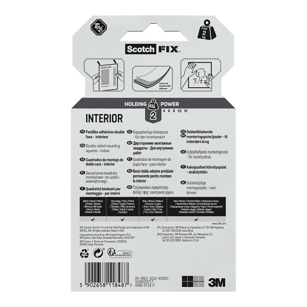 Quadrados adesivos dupla face, para USO interno, 25 mm x 25 mm, 16 unid, MAX 2 kg - Image 2