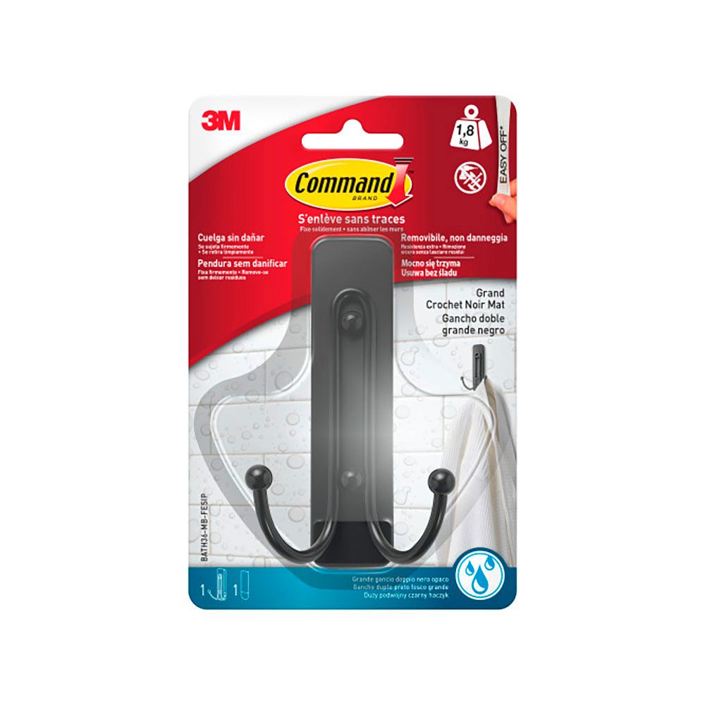 Command gancho duplo, grande, preto fosco, 1 peça + 2 tiras, máx. 1,8 kg