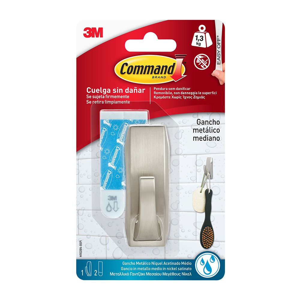 Command gancho em metal com reflexos modernos, médio, níquel acetinado, 1 unidade + 2 tiras, carga máx. 1,3 kg - Image 2
