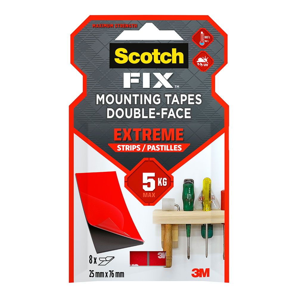 Tira adesiva dupla face extreme preta, máx 5 kg, 25 mm x 76 mm, 8 UDS