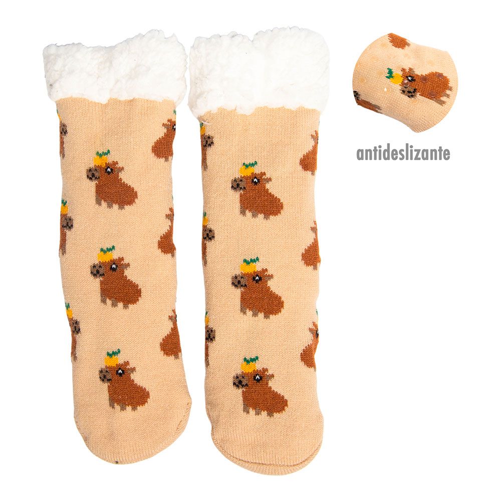Meias capivara estampadas e antiderrapantes com forro de pelo suave e quentinho, tamanho 40-45.