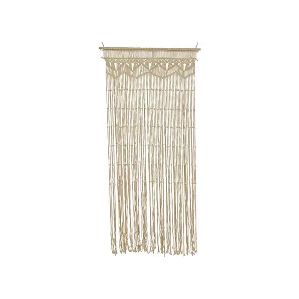 Cortina de macramé bege com barra de madeira clara, para porta, 90 x 200 cm