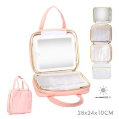 Estojo desdobrável para cosméticos com espelho LED e cabide, rosa, 27 x 8,5 x 22 cm