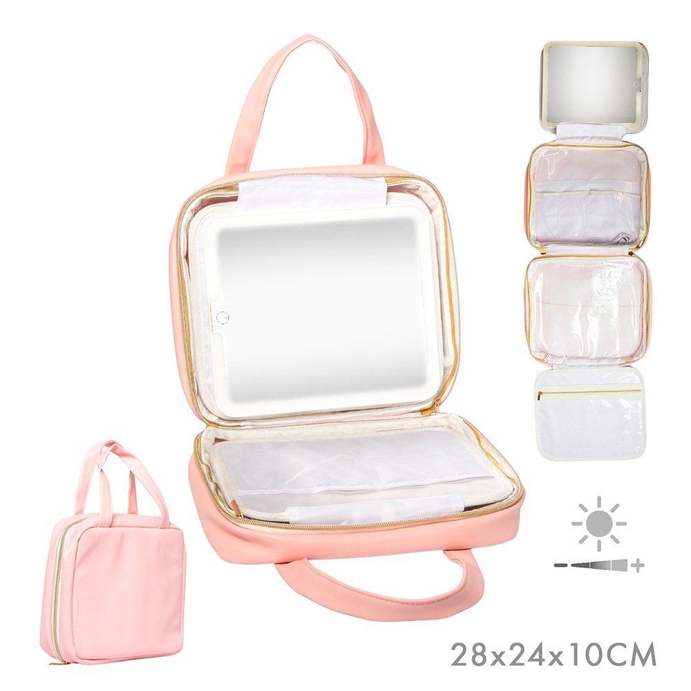 Estojo desdobrável para cosméticos com espelho LED e cabide, rosa, 27 x 8,5 x 22 cm