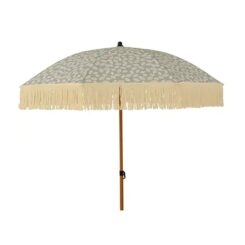 Guarda-sol para jardim, verde com design de folhas e franjas bege, Ø180 x 216 cm