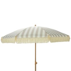 Guarda-sol de jardim às riscas taupe e branco com franjas, Ø183 x 200 cm