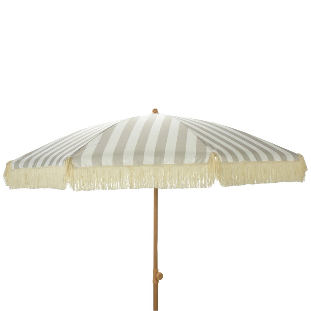 Guarda-sol de jardim às riscas taupe e branco com franjas, Ø183 x 200 cm