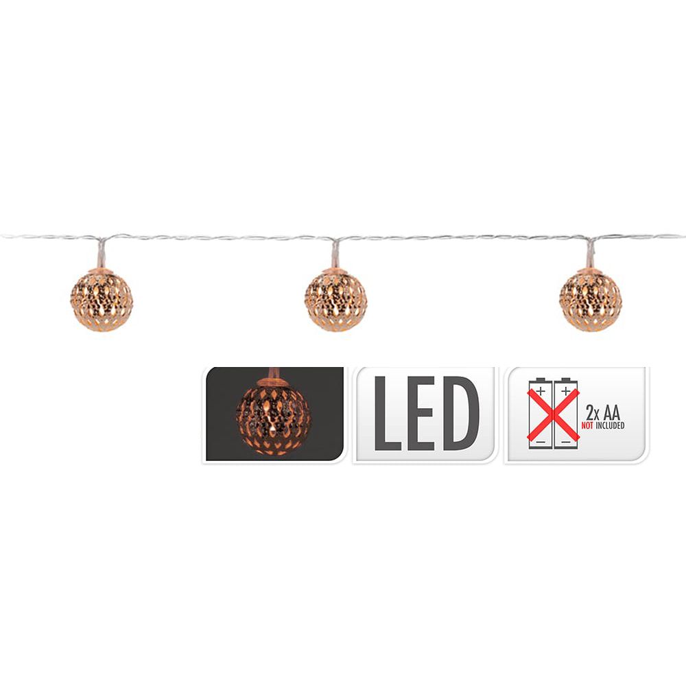 Guirlanda a bateria, função fixa, uso interno, com bolas, branco quente, 10 LEDs, 1,30 m, cobre