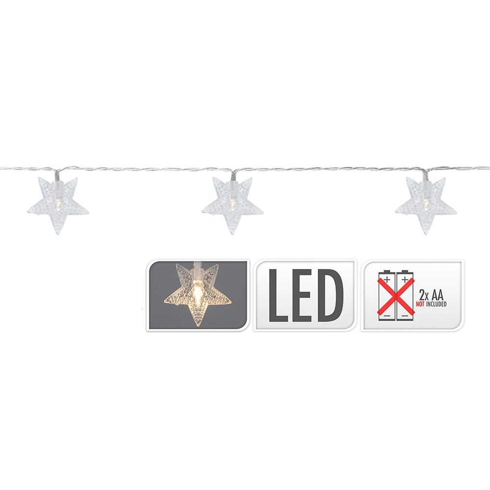 Grinalda a pilhas fixa 10 leds branco frio com estrelas IP20 1,3m