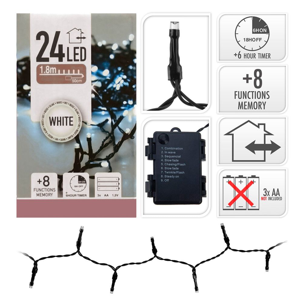 Grinalda a pilhas multifunções 24 leds branco frio cabo preto IP44 2,30m - Image 2