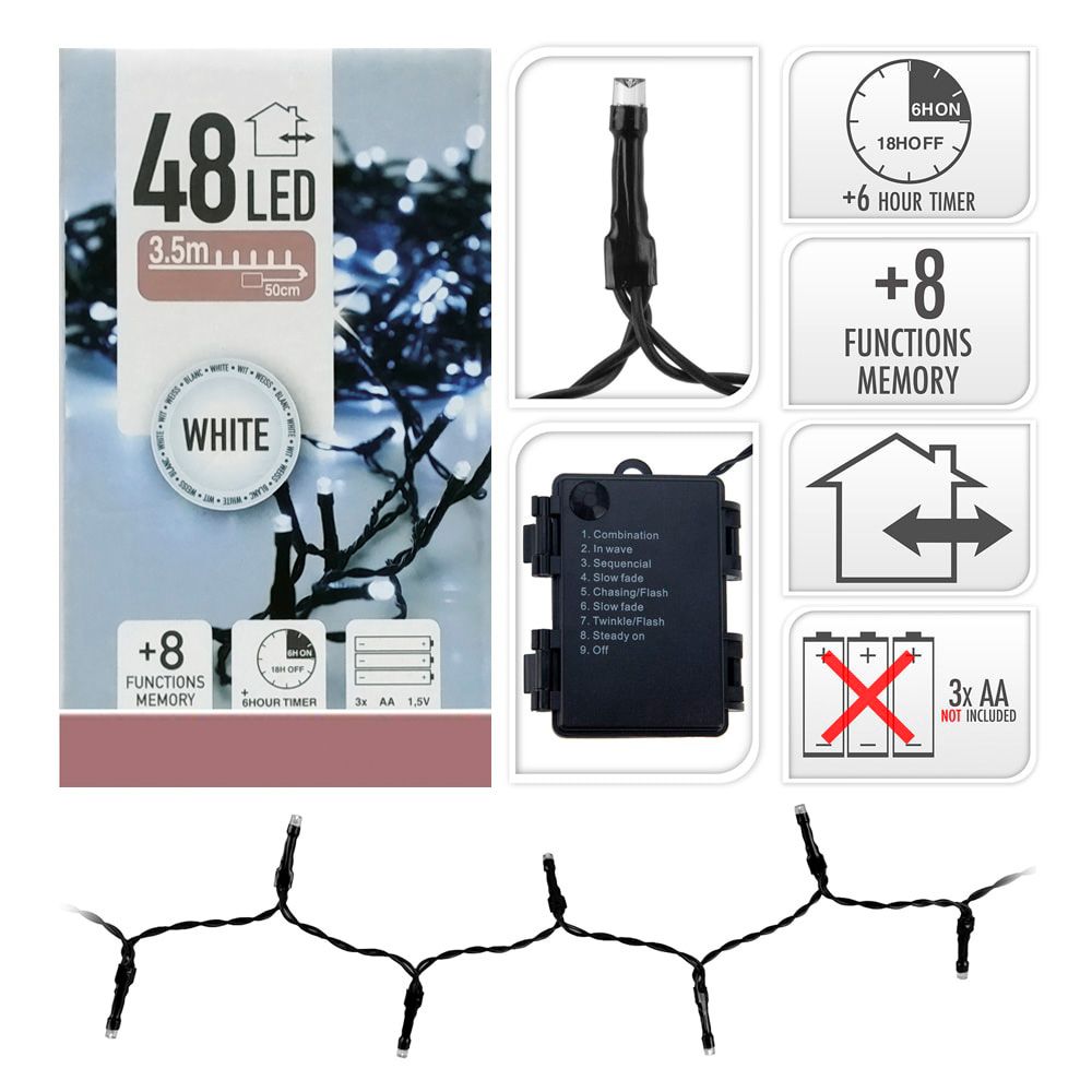 Guirlanda a bateria, multifuncional, uso externo, branco frio, cabo preto, 48 LEDs, 4 m - Image 2