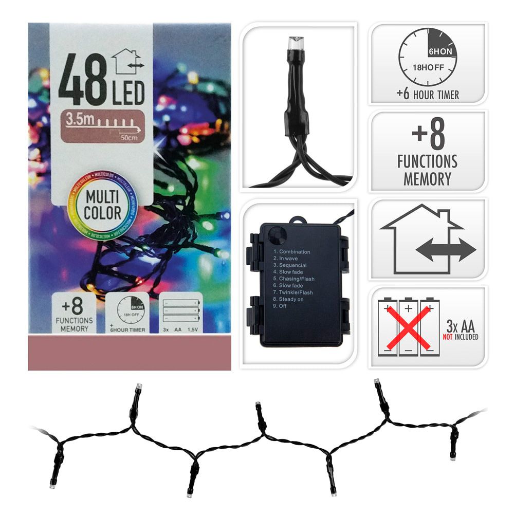 Grinalda a pilhas multifunções 48 leds multicor cabo preto IP44 4m - Image 2