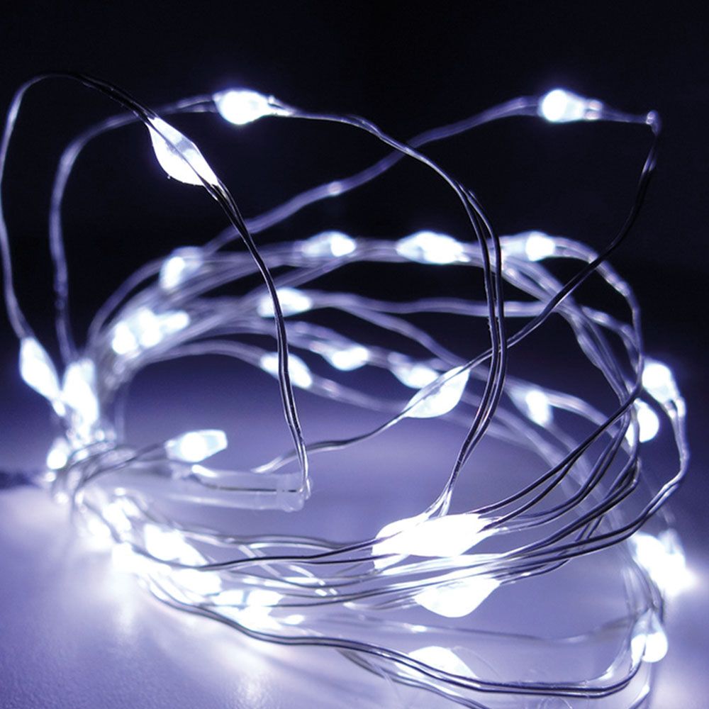 Guirlanda a pilhas, função fixa, uso interno, branco frio, cabo prateado, 40 LEDs, 195 cm