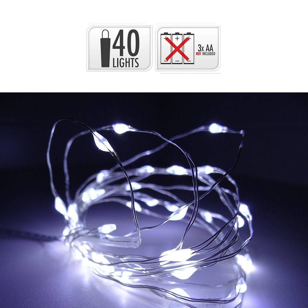 Guirlanda a pilhas, função fixa, uso interno, branco frio, cabo prateado, 40 LEDs, 195 cm - Image 2