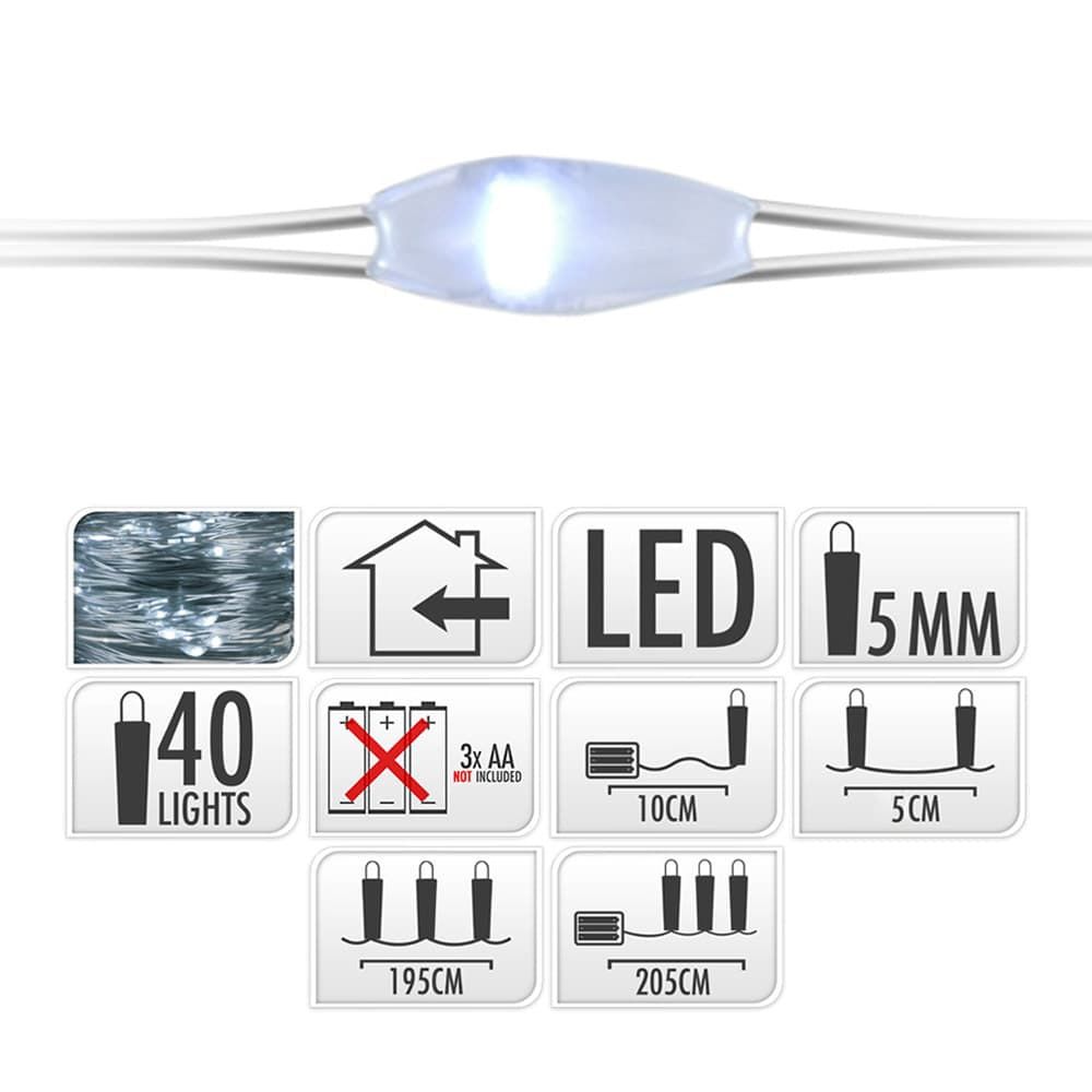 Guirlanda a pilhas, função fixa, uso interno, branco frio, cabo prateado, 40 LEDs, 195 cm - Image 3