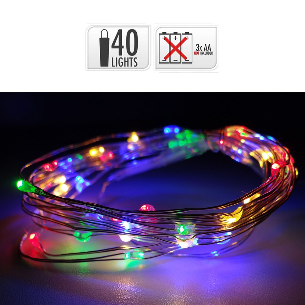 Guirlanda a pilhas, função fixa, 40 leds, cabo de FIO prateado, LUZ multicor, 195 cm - Image 2