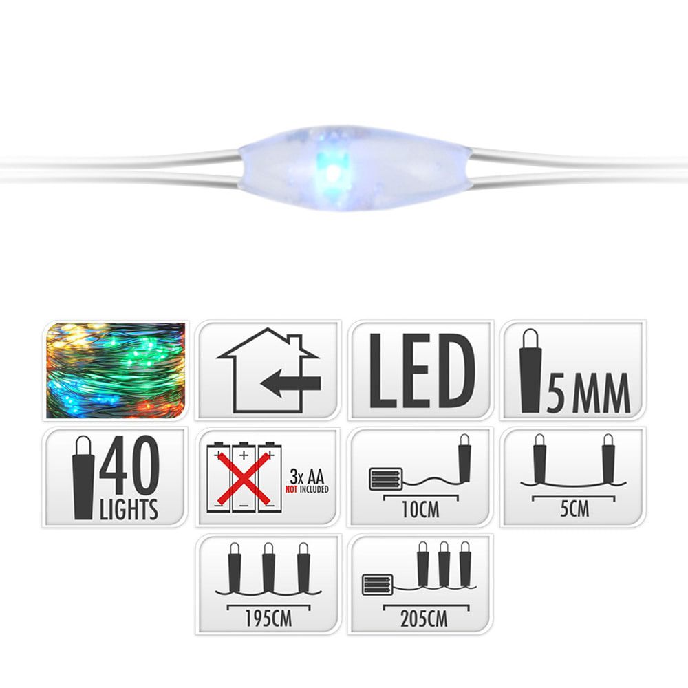 Guirlanda a pilhas, função fixa, 40 leds, cabo de FIO prateado, LUZ multicor, 195 cm - Image 3