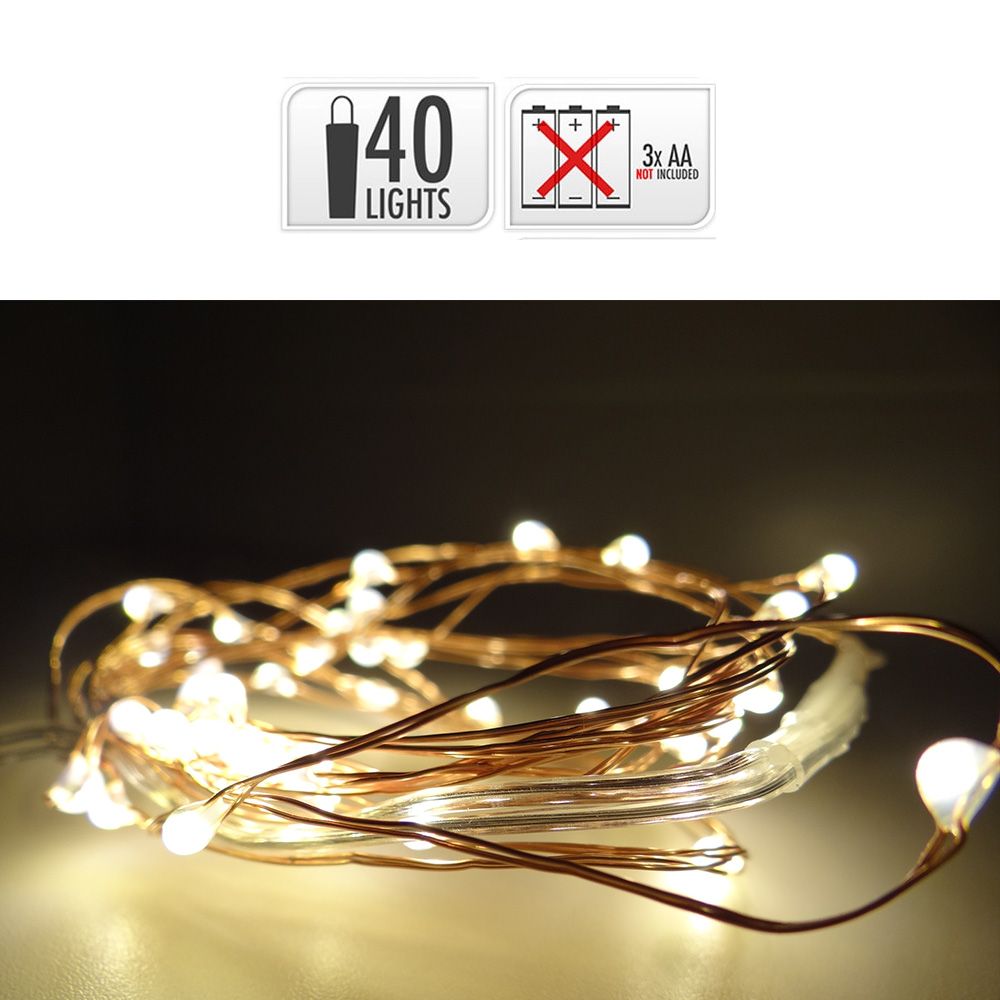 Guirlanda a bateria, função fixa, uso interno, branco quente, cabo de cobre, 40 LEDs, 195 cm - Image 2