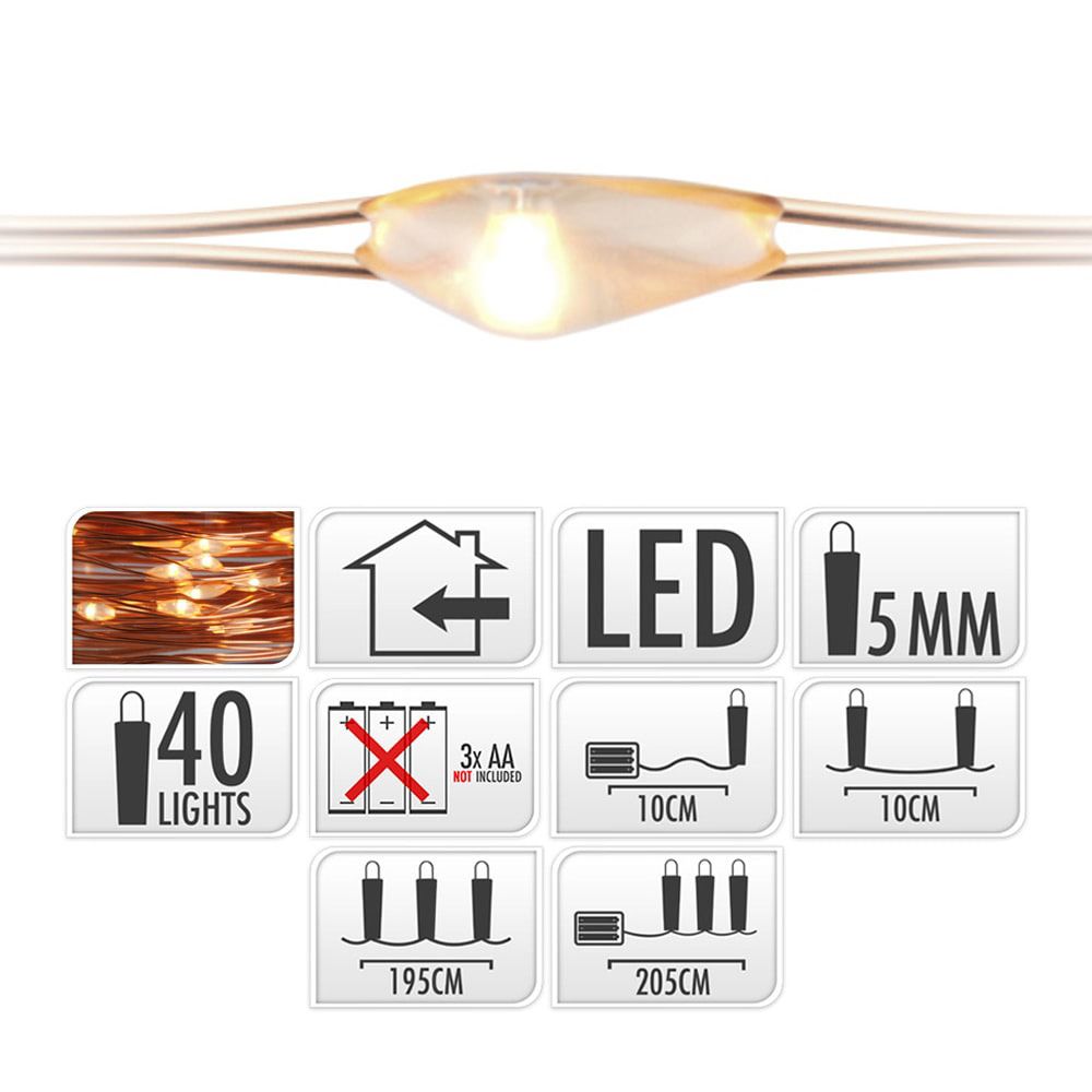 Guirlanda a bateria, função fixa, uso interno, branco quente, cabo de cobre, 40 LEDs, 195 cm - Image 3