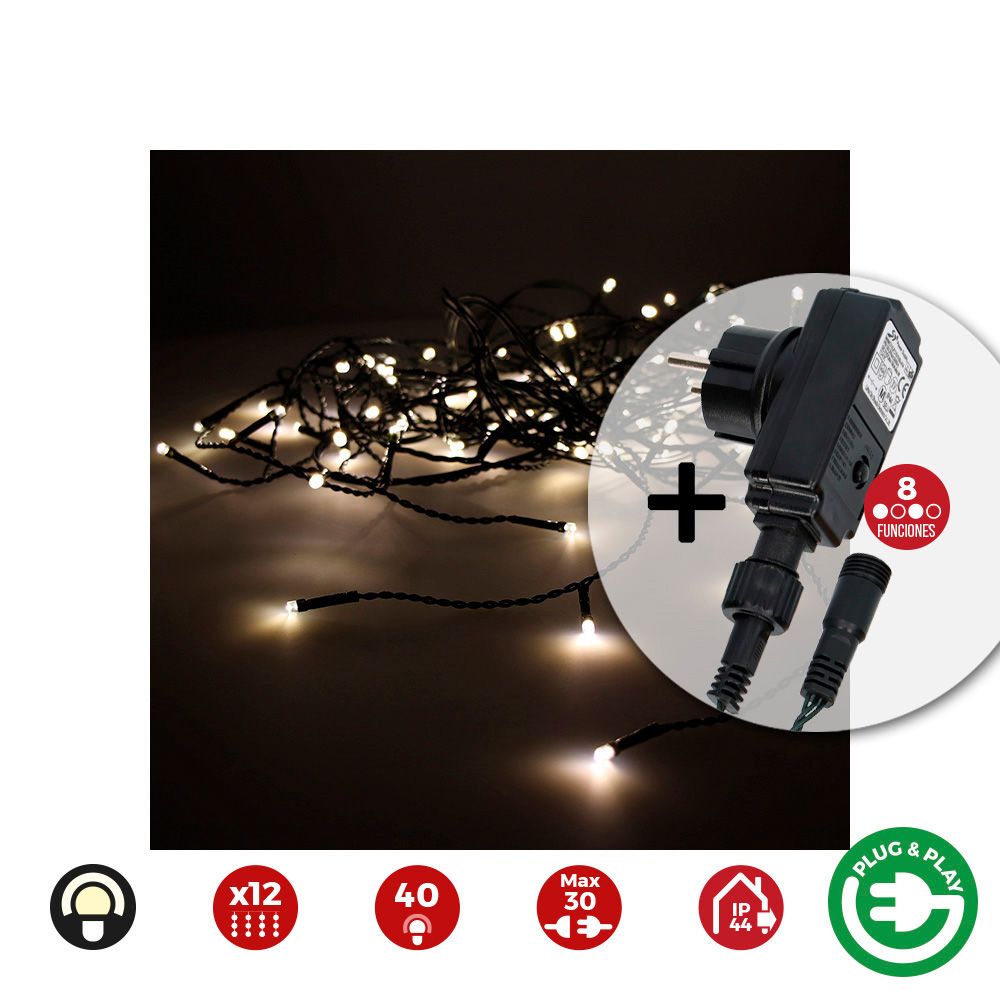 Cortina icicle com programador easy-connect multifunções 12 tiras 40 leds branco quente IP44 2x0,5m
