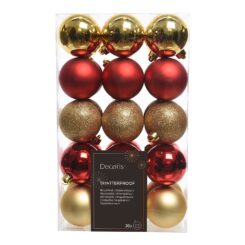 Bolas decorativas para árvore de natal, vermelhos e dourados, caixa com 30 un