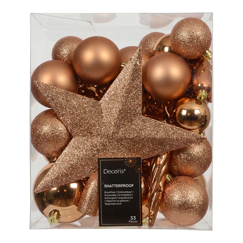Enfeites de árvore de natal, bronze, caixa com 33 peças