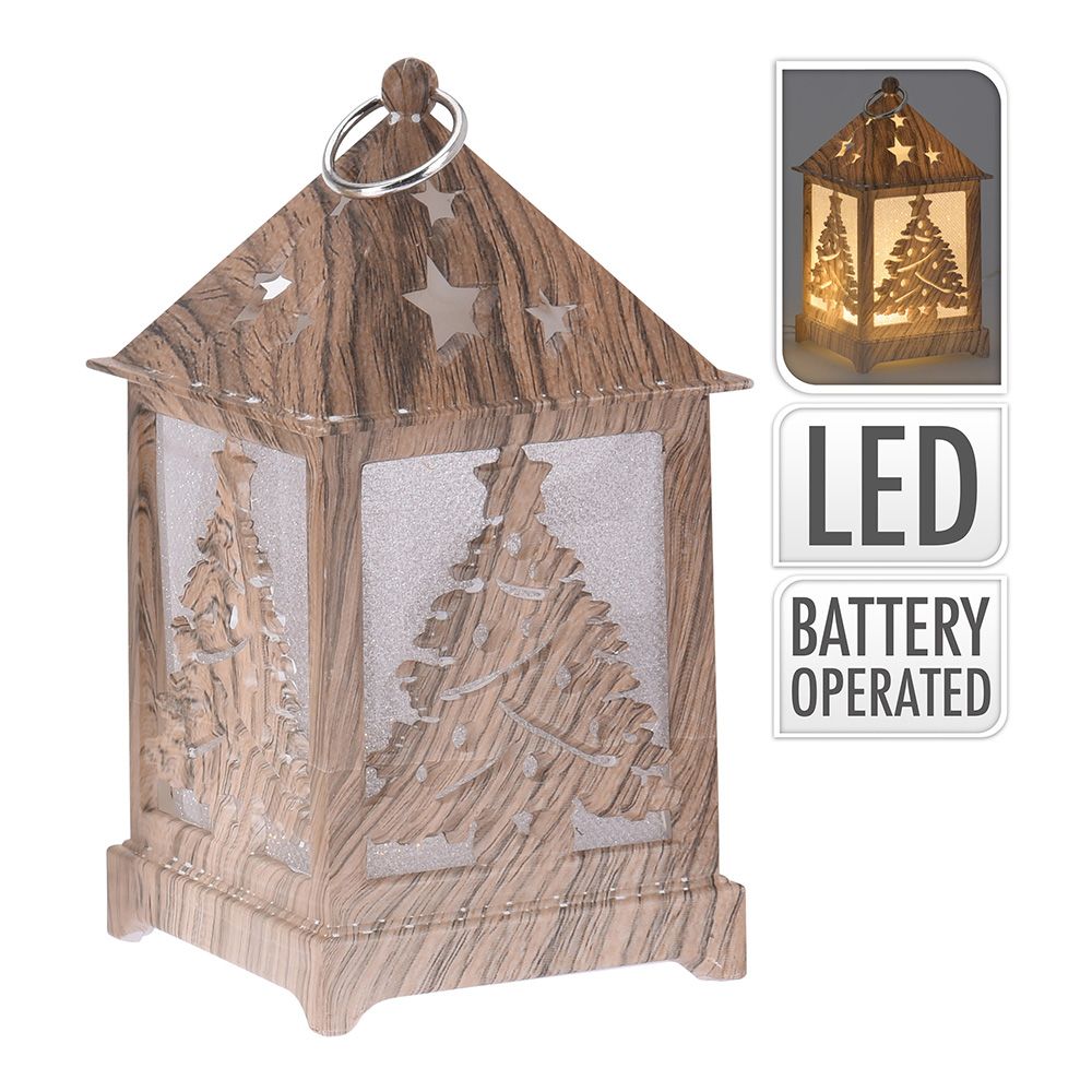 Lanterna decorativa LED efeito madeira talhada 6,5x6,5x12cm cores/modelos sortidos