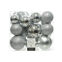 Pack de 26 bolas prateadas de vários tamanhos e distintas texturas para árvore de natal. decoris