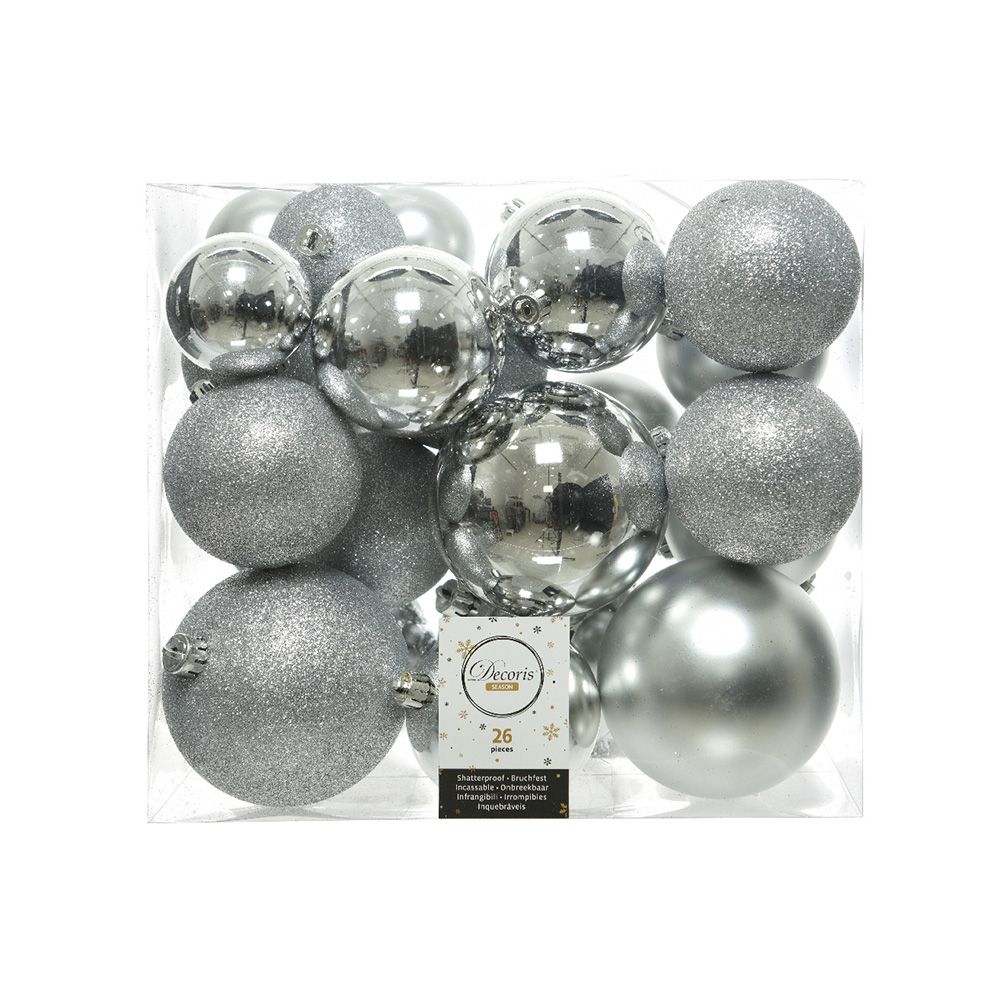 Pack de 26 bolas prateadas de vários tamanhos e distintas texturas para árvore de natal. decoris