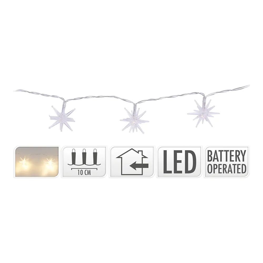 Grinalda a pilhas fixa 10 leds branco quente estrelas decorativas Ø45mm IP20 1,30m cores/modelos sortidos