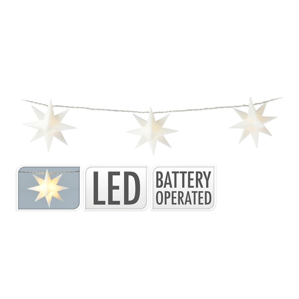 Grinalda a pilhas fixa 10 leds branco quente estrelas decorativas Ø8cm IP20 1,8m cores/modelos sortidos