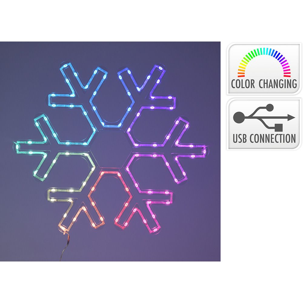 Ornamento de floco de neve LED 50 x 43 cm, RGB, 90 LEDs, conexão USB.