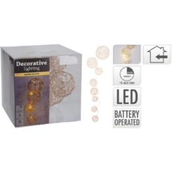 Grinalda com 8 bolas de arame de vários diâmetros, LED branco quente, 8 leds, 90 cm