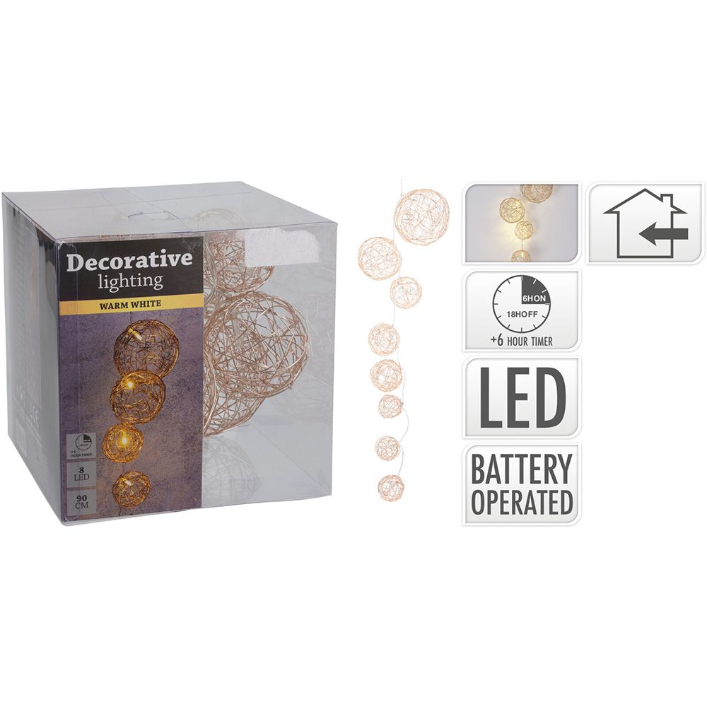 Grinalda com 8 bolas de arame de vários diâmetros, LED branco quente, 8 leds, 90 cm
