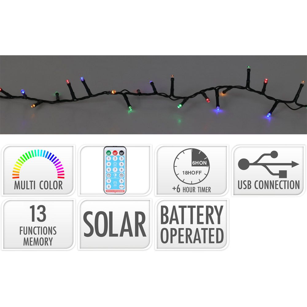 Grinalda LED solar, 480 leds, 13 funções intermitente multicor, de exterior, cabo verde 20m