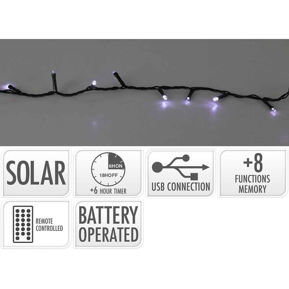 Guirlanda solar LED 240 LEDs 13 funções piscantes branco frio exterior cabo verde 10 m