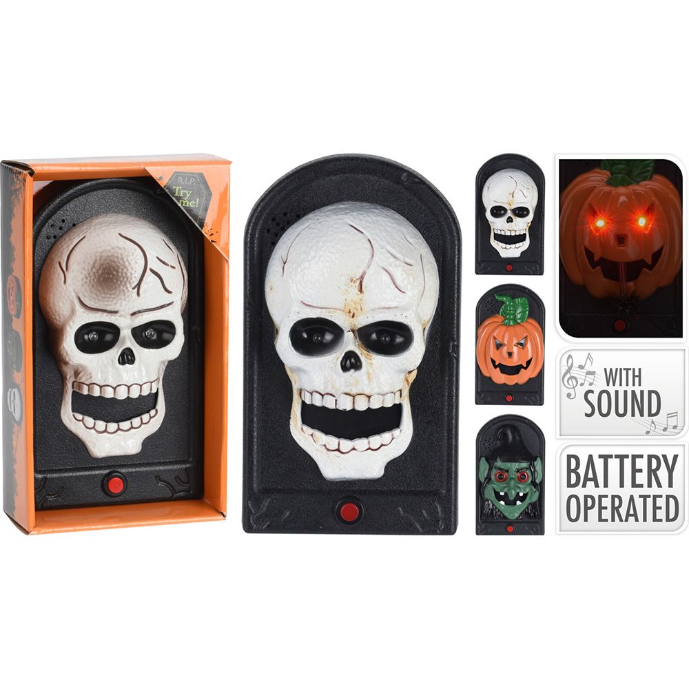Campainha de halloween, acionada por pilhas, com LUZ e SOM, vários modelos. 11 x 4,5 x 19 cm