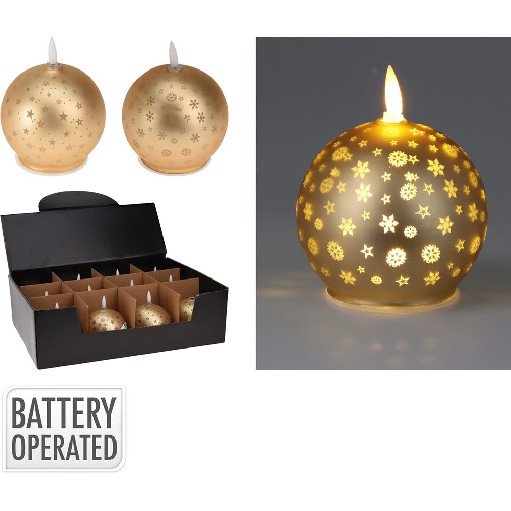 Vela LED bola de natal dourada, branco quente, 2 modelos com motivos de natal