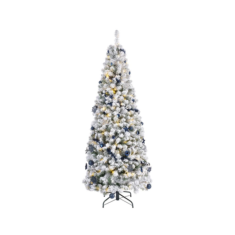 Árvore de natal nevada com micro leds intermitentes e enfeites dourados, Ø64x150cm.