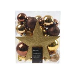 Pack de 33 enfeites, COR dourado e castanho.