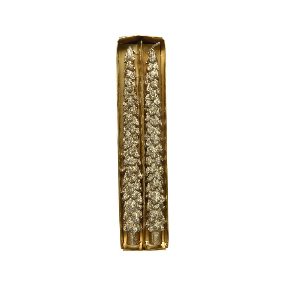 Pack de 2 velas em forma de pinheiro, douradas com purpurina, Ø3,5 x 26,5 cm
