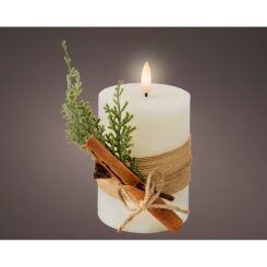 Vela de cera LED com efeito de chama, branca, superfície rústica com buquê, Ø7,5 x 13 cm