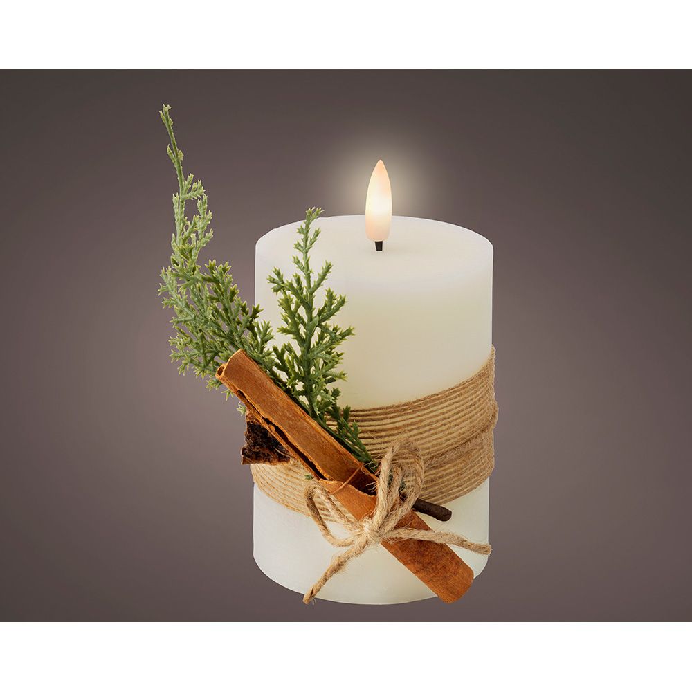 Vela de cera LED com efeito de chama, branca, superfície rústica com buquê, Ø7,5 x 13 cm