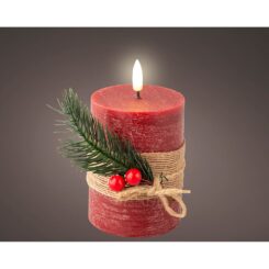 Vela de cera LED com efeito de chama, COR vermelha, superfície rústica com buquê Ø7,5 x 13 cm