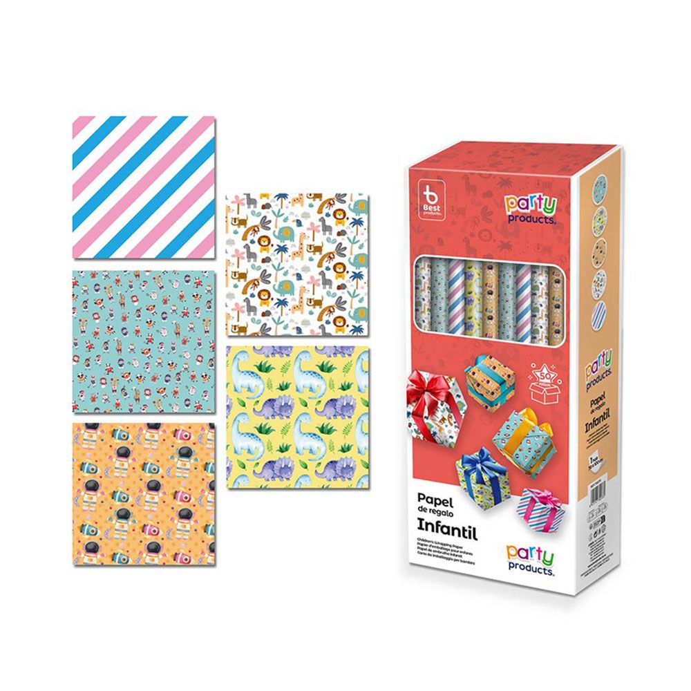 Papel de embrulho sortido, 5 modelos infantil, 70x100cm (vende-se só em caixas 50 unidades)