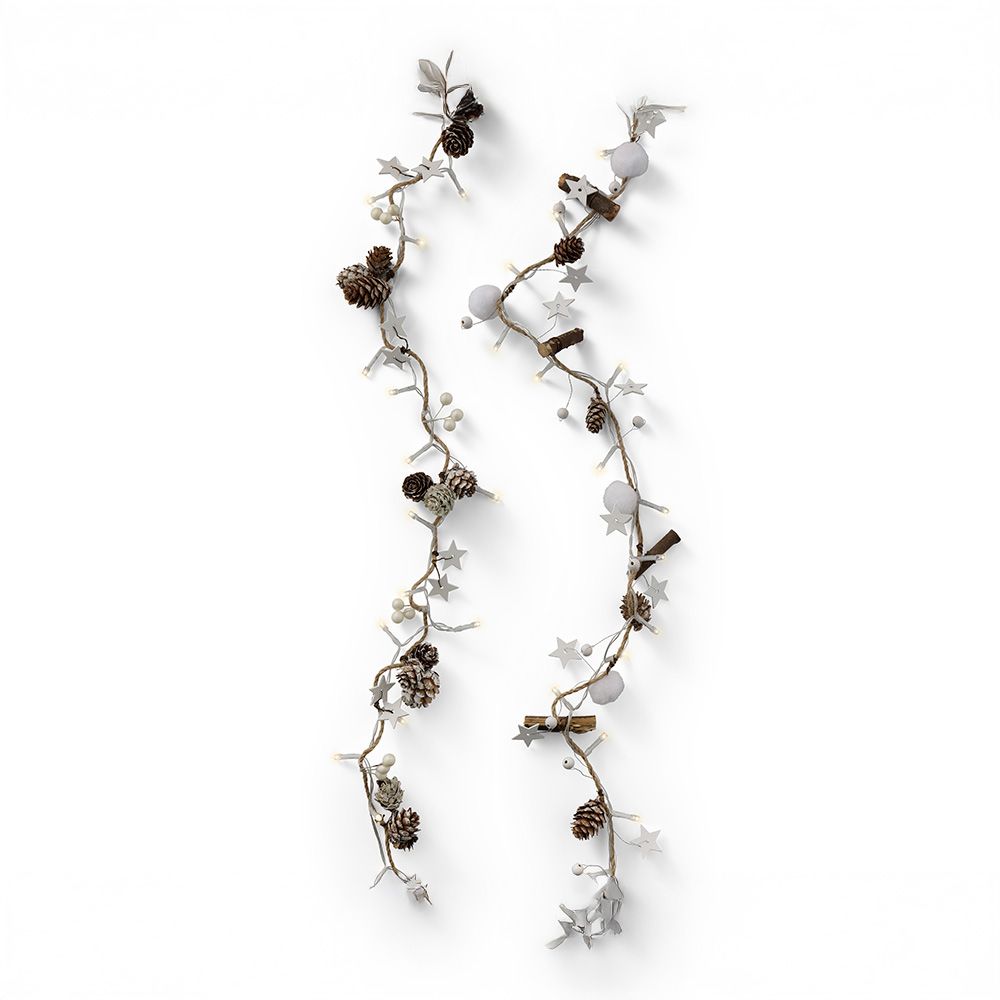 Grinalda de pinhas e estrelas, 24 leds, LUZ quente, interior, 1,20 m