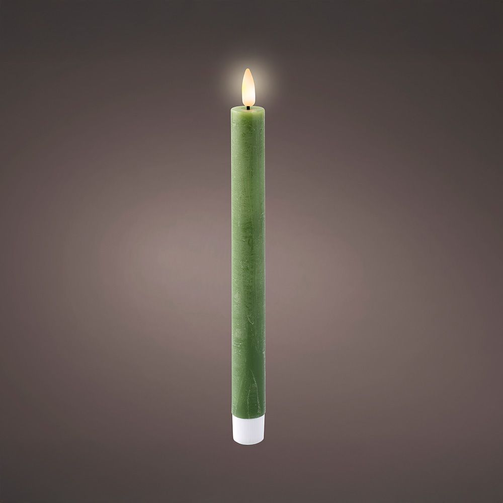 Vela de cera LED verde, acabamento rústico, ø2,20 x 24,50 cm, embalagem de 2 unidades