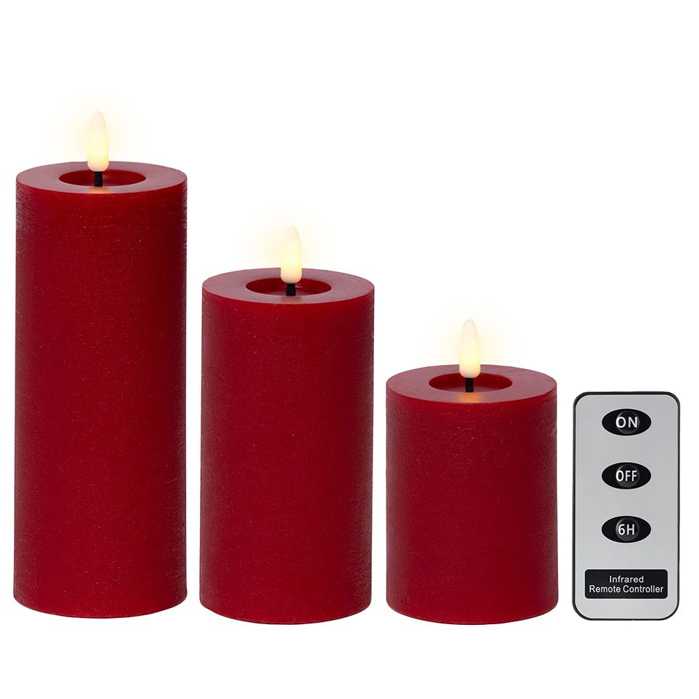 Vela de cera LED vermelha, acabamento rústico, ø7 cm com diferentes alturas, 3 peças